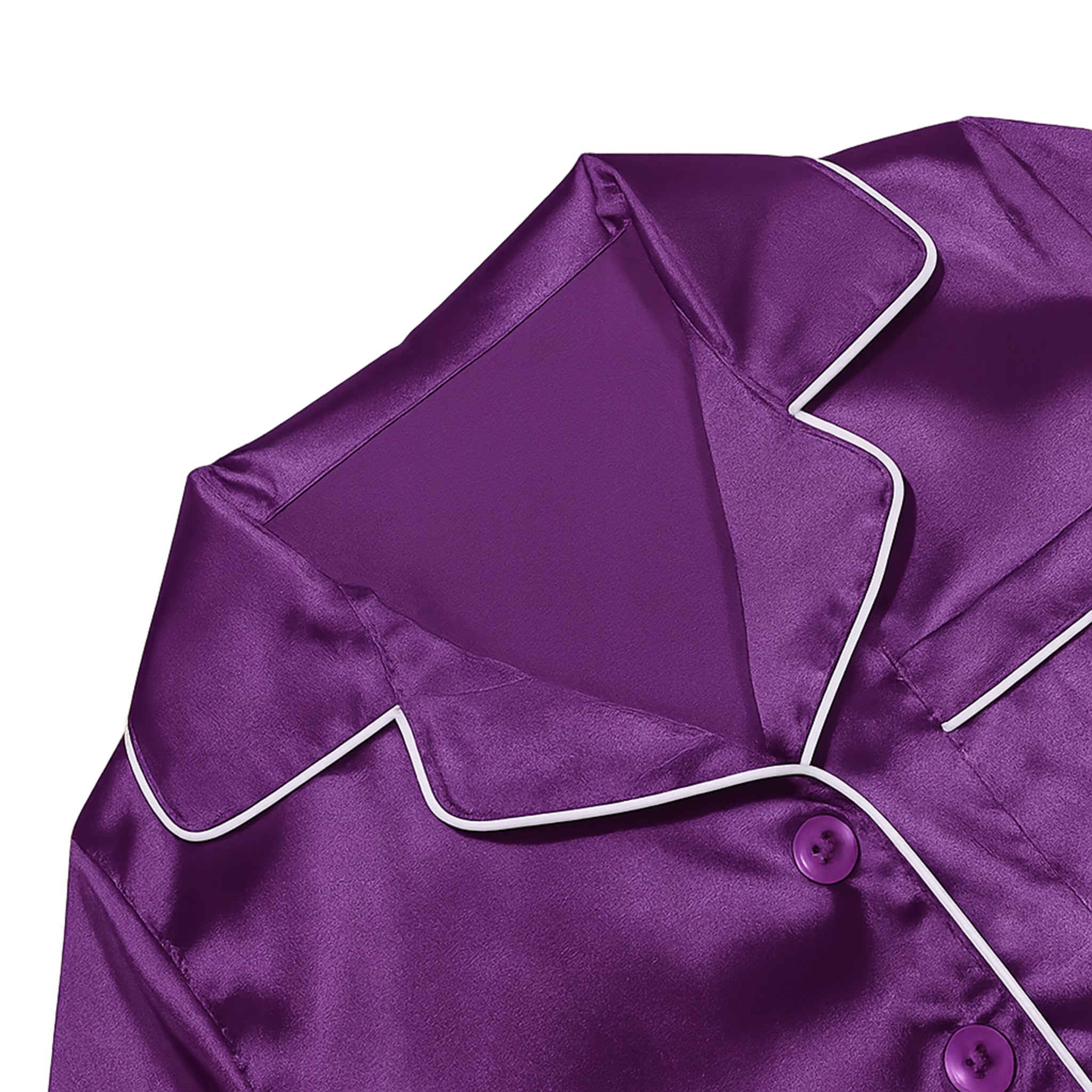 Women's soft silky touch satin pyjama set in purple with black piping, long sleeve button-up top and matching full-length trousers, comfortable nightwear